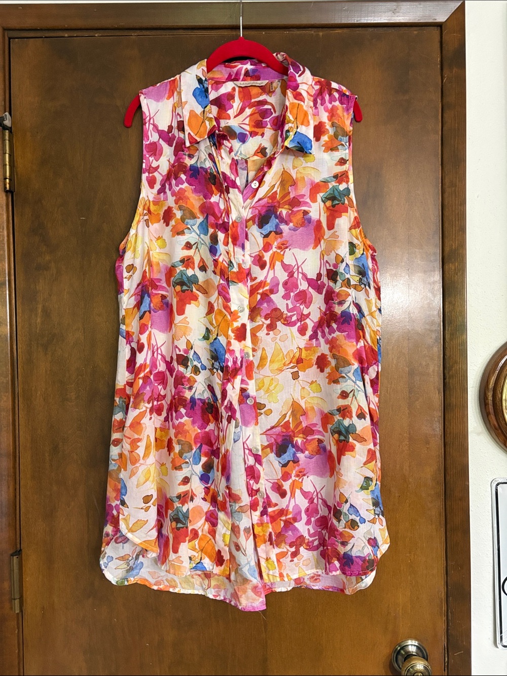 Soft Surroundings Sleeveless Floral Button-Front Blouse Tunic- Pink Multi XL